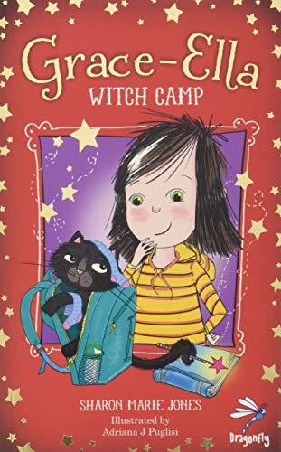 Book cover: girl with black cat and backpack, red starry background.