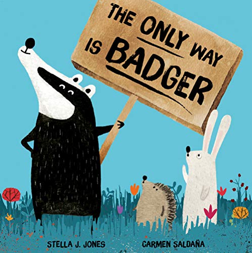 Illustration of a badger holding a sign with a bear and rabbit nearby.
