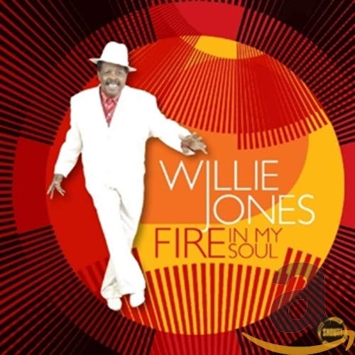 "Album cover with Willie Jones in white suit, red background, and bold text."
