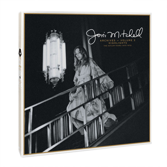 Joni Mitchell vinyl box set with black and white cover photo of Joni on staircase.