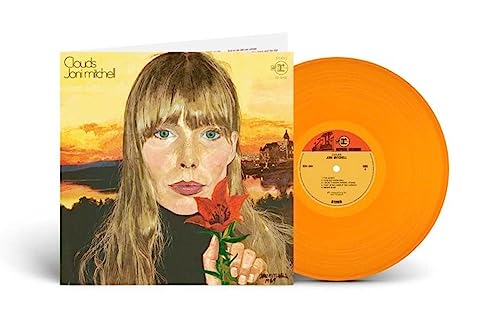 Joni Mitchell’s “Clouds” vinyl record with orange disc and cover art.
