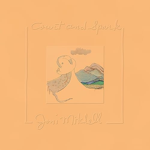 Joni Mitchell’s “Court and Spark” album cover: peach background, sketched figures.