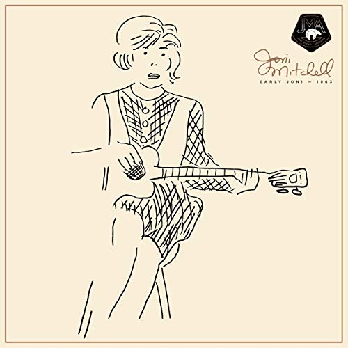 "Line drawing of Joni Mitchell playing guitar on a beige vinyl record cover."