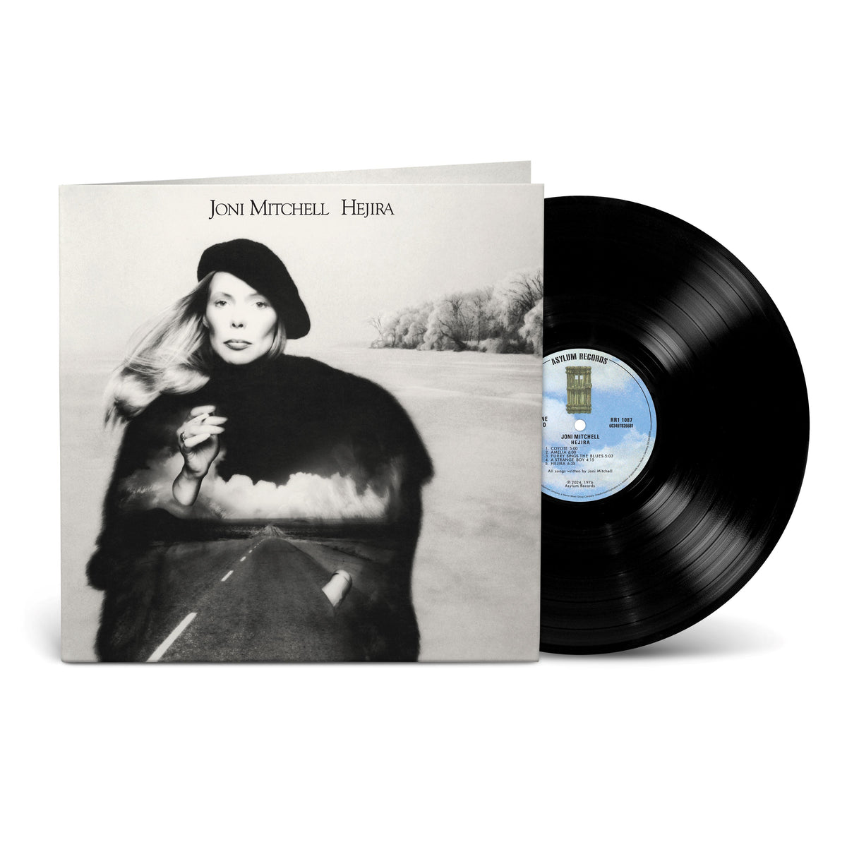 Joni Mitchell’s “Hejira” vinyl record with album cover featuring her portrait.