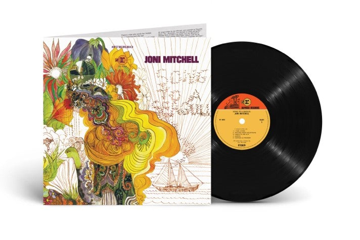 "Joni Mitchell vinyl record with colorful cover art and black vinyl disc."