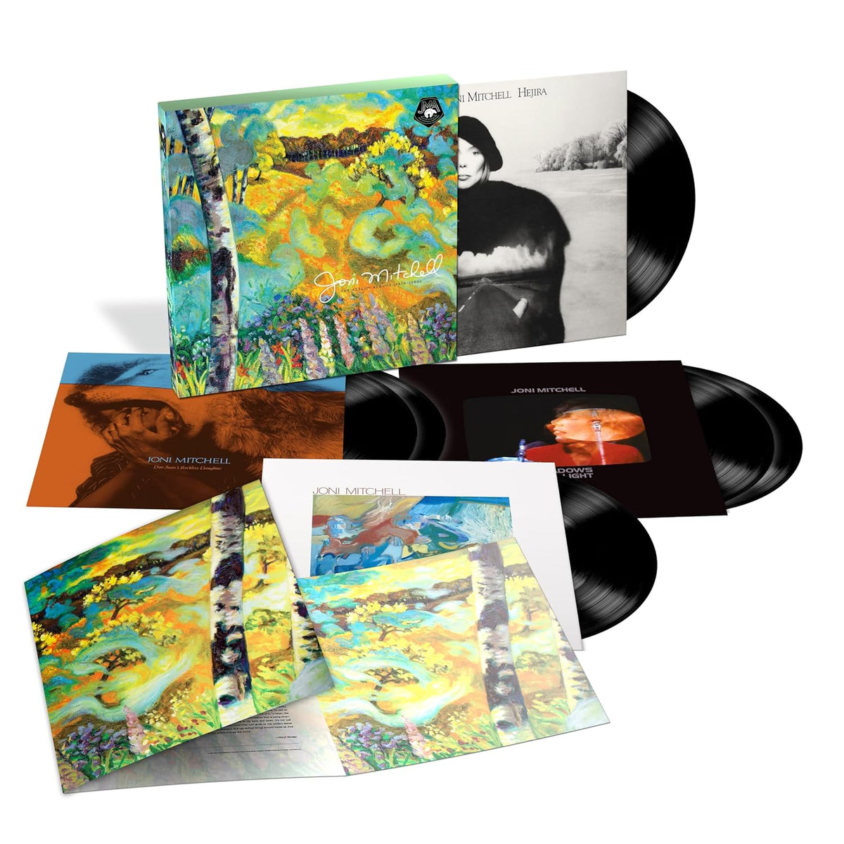 Joni Mitchell vinyl album set with colorful painted covers and black records.