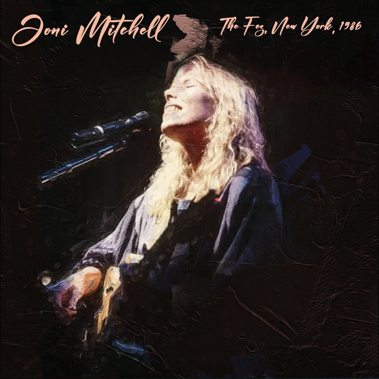 Joni Mitchell performing with a microphone, album cover for "The Fez.