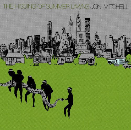 "Joni Mitchell's album cover, 'The Hissing of Summer Lawns', featuring silhouetted figures and cityscape."