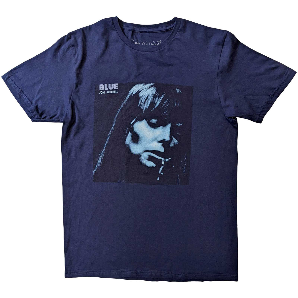 Blue t-shirt with Joni Mitchell artwork, size X-Large, barcode visible.