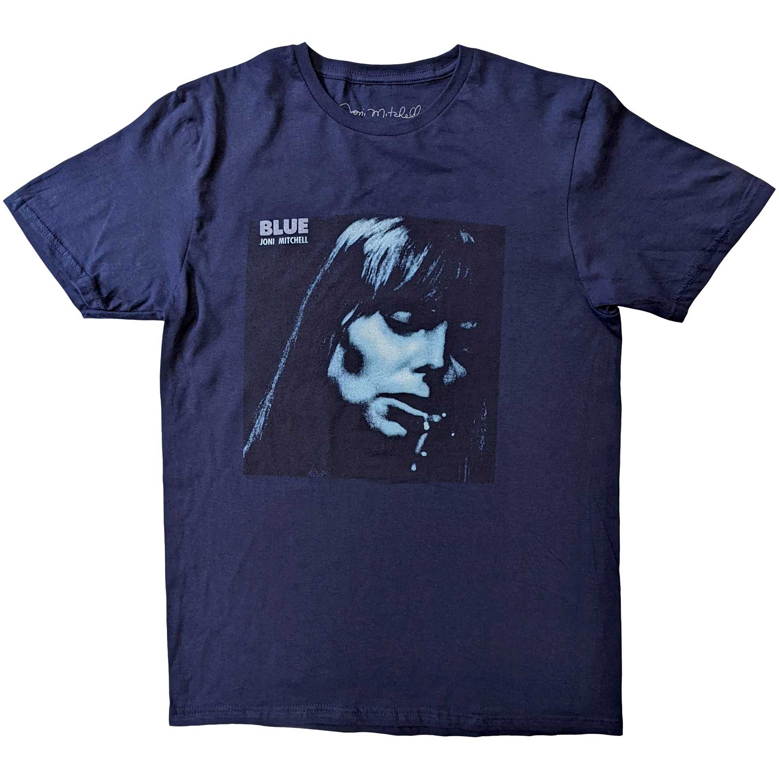Blue t-shirt with Joni Mitchell artwork, size X-Large, barcode visible.