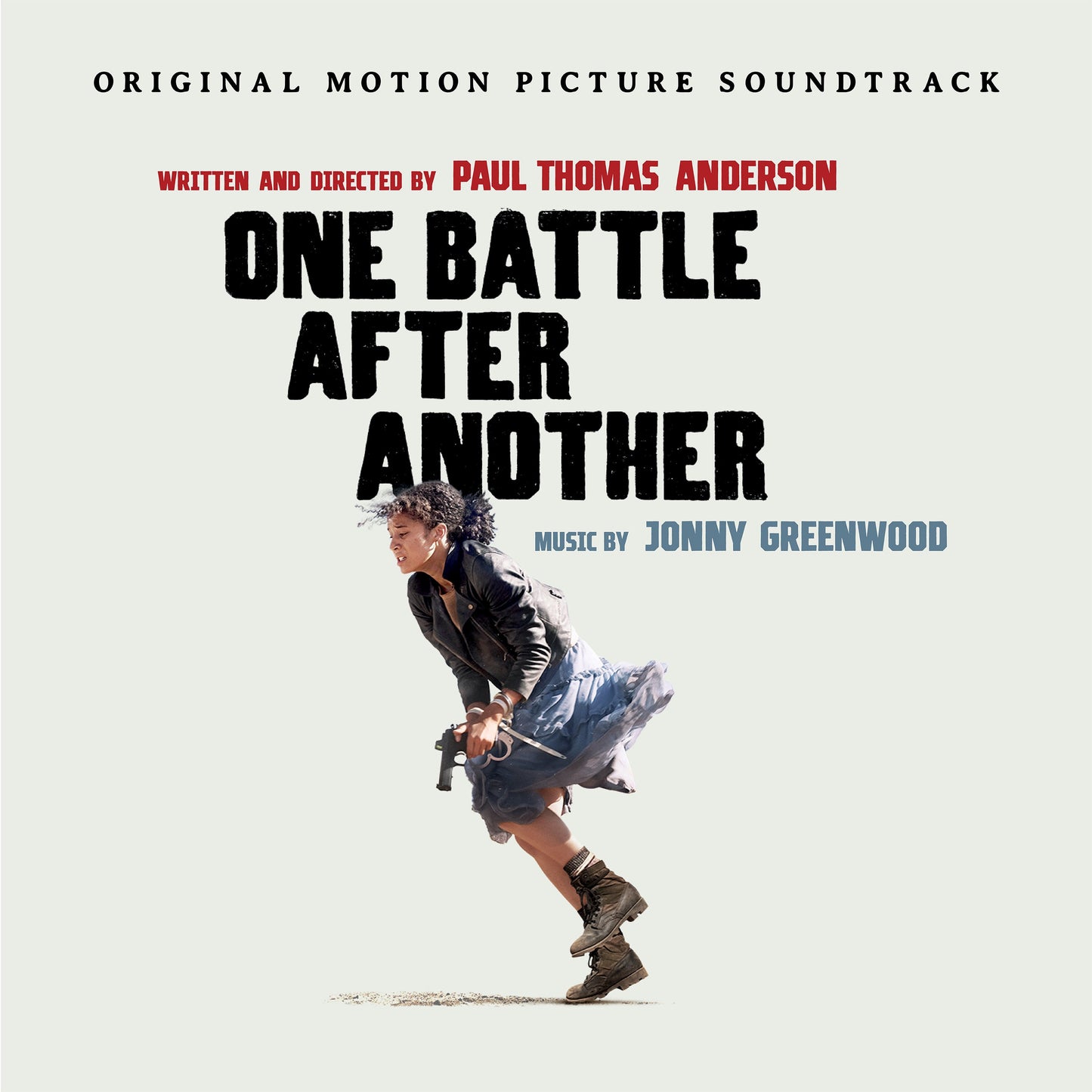 Soundtrack album cover with a woman running, text by Jonny Greenwood and Paul Thomas Anderson.