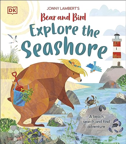 Bear and Bird book cover with a beach, lighthouse, and search-and-find theme.