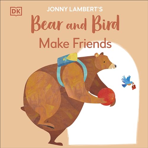 Brown bear with a red ball and small blue bird flying nearby.