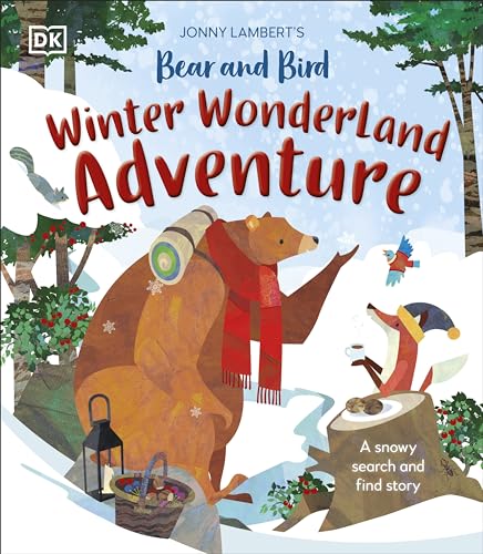 Bear and Bird book cover with snowy scene, red scarf, and fox.