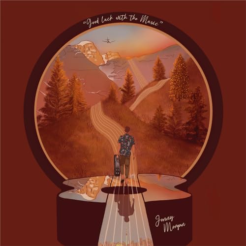 Album cover: man with guitar case walking towards mountains at sunset.