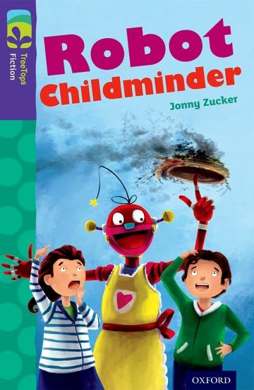 Book cover: Robot Childminder with two children and sparking wires.
