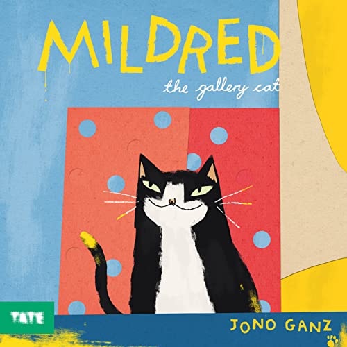 Book cover illustration of a black and white cat against a red polka-dot background.