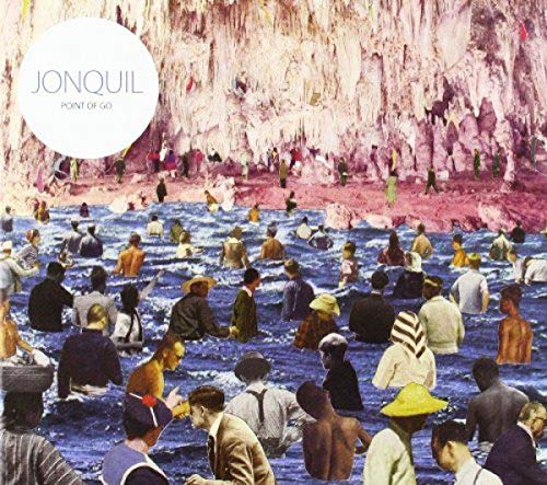 CD cover: Crowd wading in water before a rocky cliff.