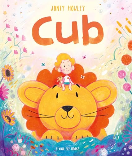 Book cover: a child and small lion on a large lion's head.