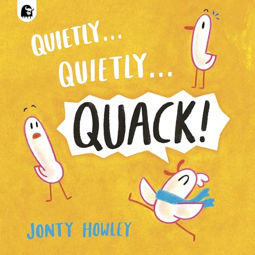 BookLoud "QUACK!" text bubble surrounded by three cartoon ducks on a yellow background.