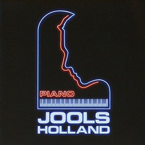 Neon-style album cover with blue and orange outline of a piano on black background.