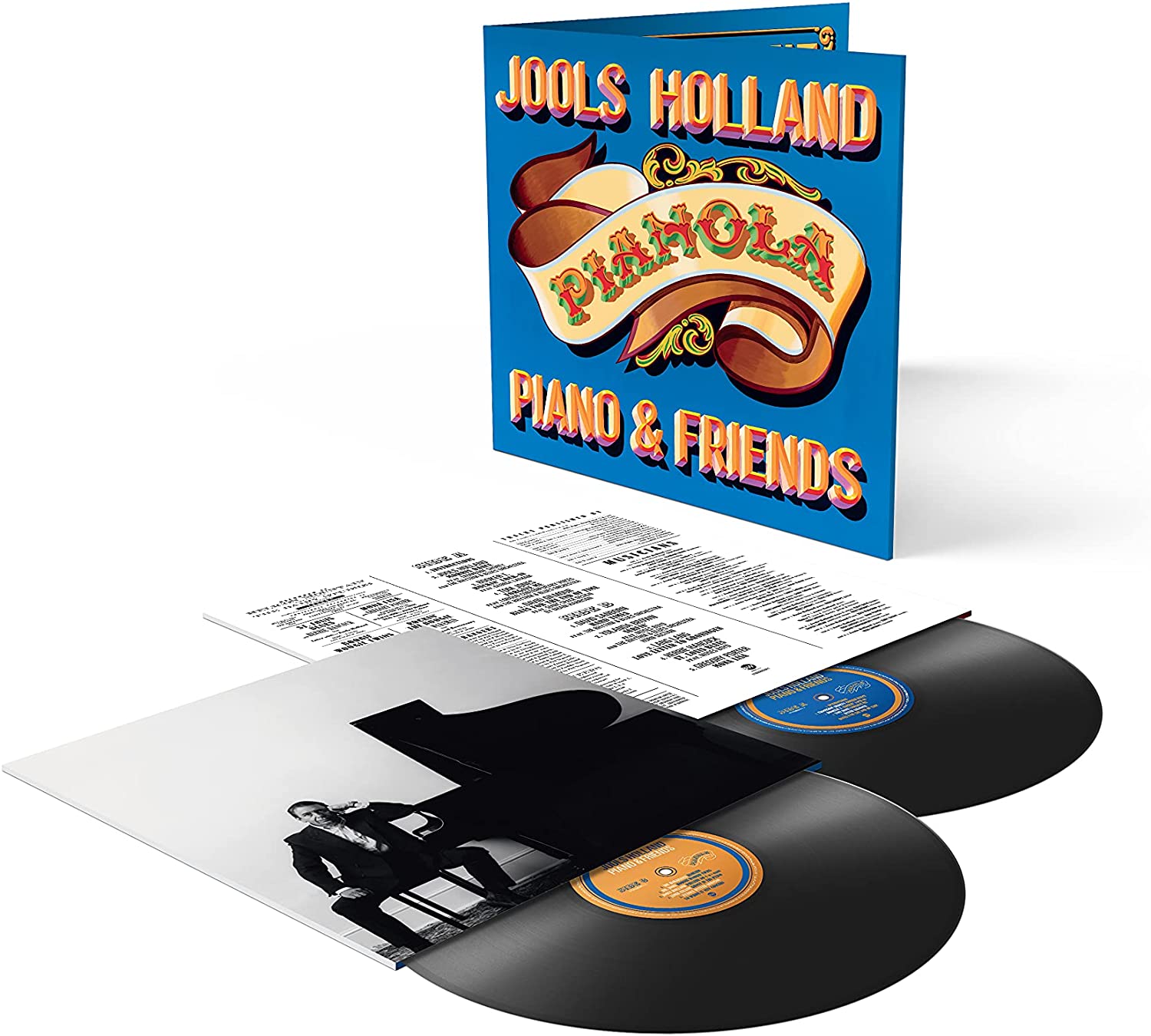 Jools Holland "Pianola. Piano & Friends" vinyl record with sleeve and inserts.