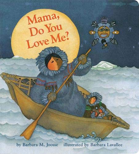 Inuit mother and child in a boat under a large yellow moon.