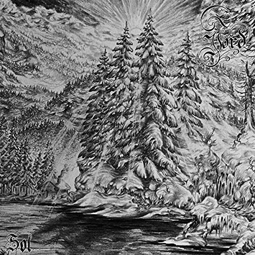 Black and white illustration of snow-covered trees and a distant cabin.