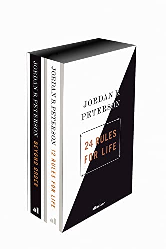 Three books by Jordan B. Peterson, with black and white design.