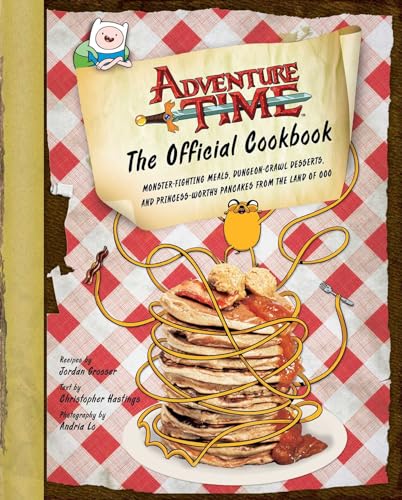 Adventure Time cookbook cover with Finn, Jake, and a tall stack of pancakes.