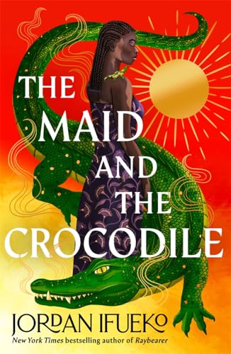 A Black woman stands in front of a large green crocodile against a red background.