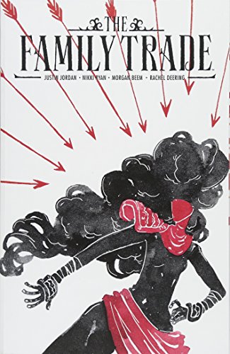 A black silhouette figure with red accents stands under falling red arrows on white.