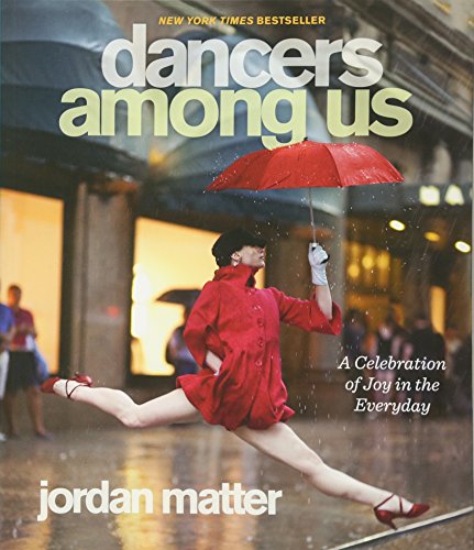 Book cover: woman in red dancing with an umbrella in the rain.