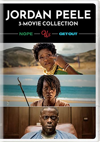 DVD cover for Jordan Peele’s “Nope,” “Us,” and “Get Out” films.