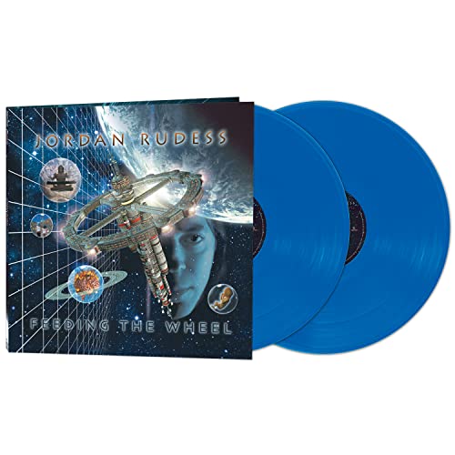 Jordan Rudess Feeding The Wheel album cover with two blue vinyl records.