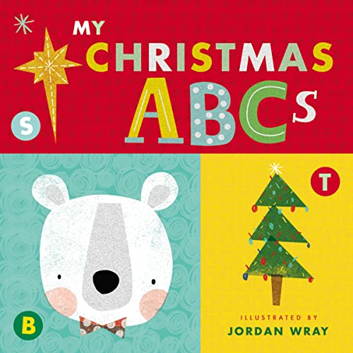 Children’s book cover with colorful letters, a bear, and a Christmas tree.