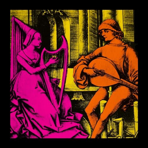 A woman playing a harp and a man playing a lute in vibrant colors.