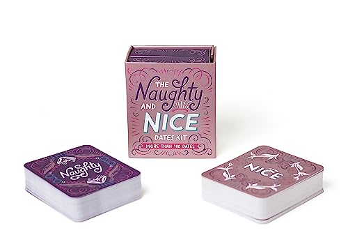 Pink and purple card decks in a box labeled "The Naughty and Nice Dates Kit".