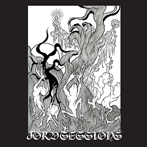 Black and white illustration of twisted trees with figures, album cover.