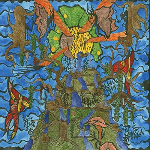 Album cover with fantastical landscape, animals, and vibrant green, blue, orange tones.