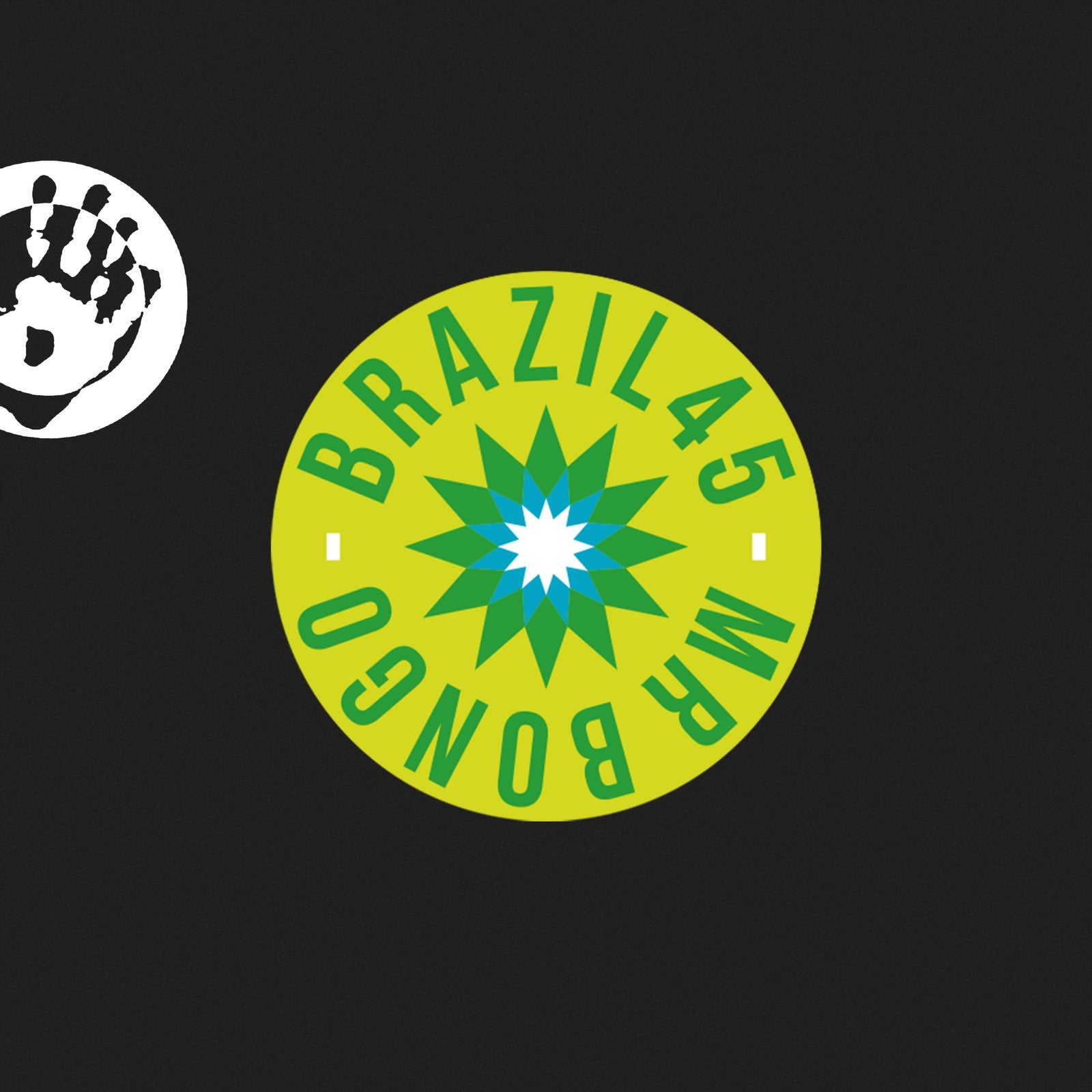 Vinyl record label with green starburst and handprint on black background.