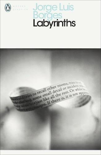"Book cover with 'Labyrinths' title, author's name, and a curled page with text."