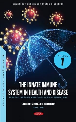 Book cover: blue umbrella graphic with virus illustrations, title "The Innate Immune System.