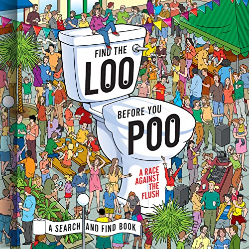 Cartoon illustration of a giant toilet with crowds searching amongst foliage.