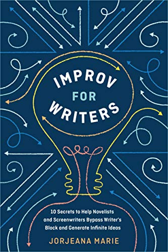Book cover: "Improv for Writers" with a lightbulb illustration.
