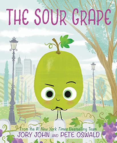 Book cover: anthropomorphic green grape with a frown, park background.