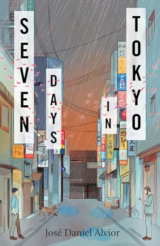 Book cover: illustrated Tokyo street scene with falling pink petals.