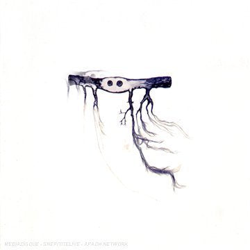 Abstract watercolor painting of a branch with two eye-like shapes.