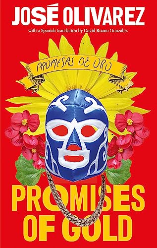 Book cover with a blue luchador mask, yellow sunflower, red flowers, and gold chain.