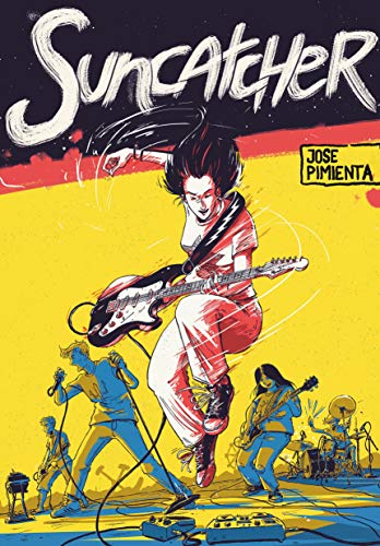 Book cover: woman playing red electric guitar with a band.